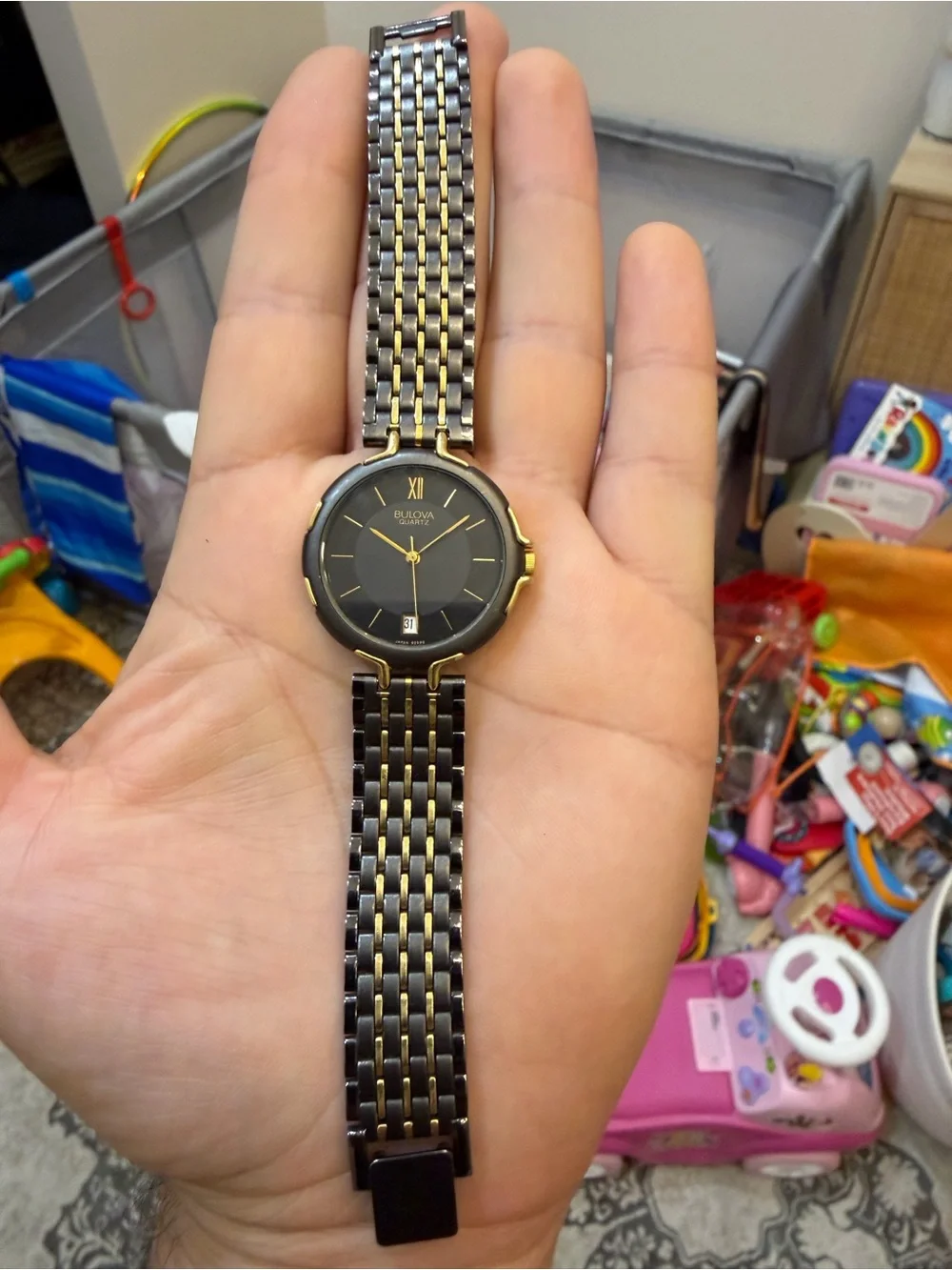 Vintage Bulova Women's Two-Tone Dress Watch Black Geometric Dial Date 60-10 32mm
